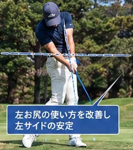 レッスン後のインパクト付近。左お尻の使い方が変わり、左サイドが安定している